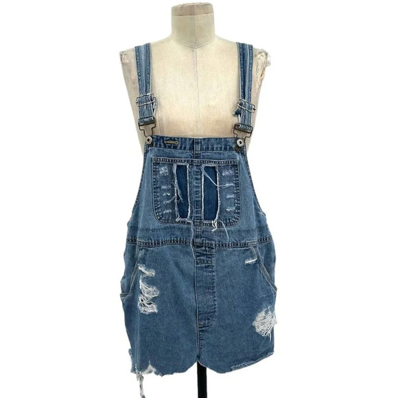Furst of a Kind Distressed Denim Medium Wash Overall Dress Shortalls Size Medium - Picture 1 of 6